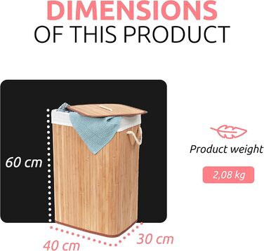 Кошик для білизни з бамбука з винімним мішком - стильний кошик для ванної, спальні або пральні - декоративне зберігання в стилі SPA, квадратний