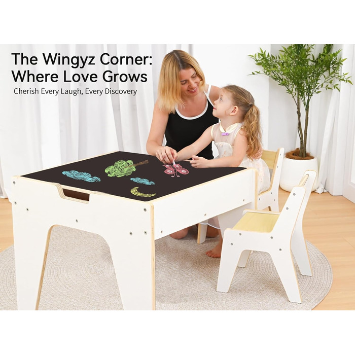 Дерев'яний дитячий набір меблів Wingyz 4-в-1: стіл, 2 стільці, стіл з місцем для зберігання. Ідеально для малювання, ігор та активностей.