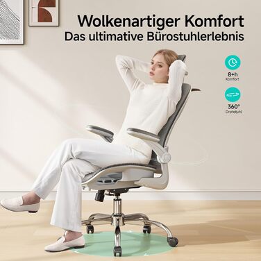 Офісне крісло LarkLeaves з ергономічною спинкою, регульованими підлокітниками, підставкою для попереку та підголівником. Максимальне навантаження 140 кг, сірий колір.