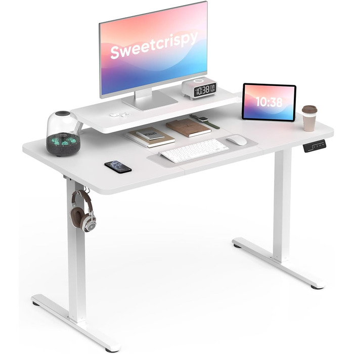 Регульований стіл Sweetcrispy з підставкою для монітора, електричний, ергономічний, стоячи/сидячи, комп'ютерний, vintage, білий, 120 x 60 см