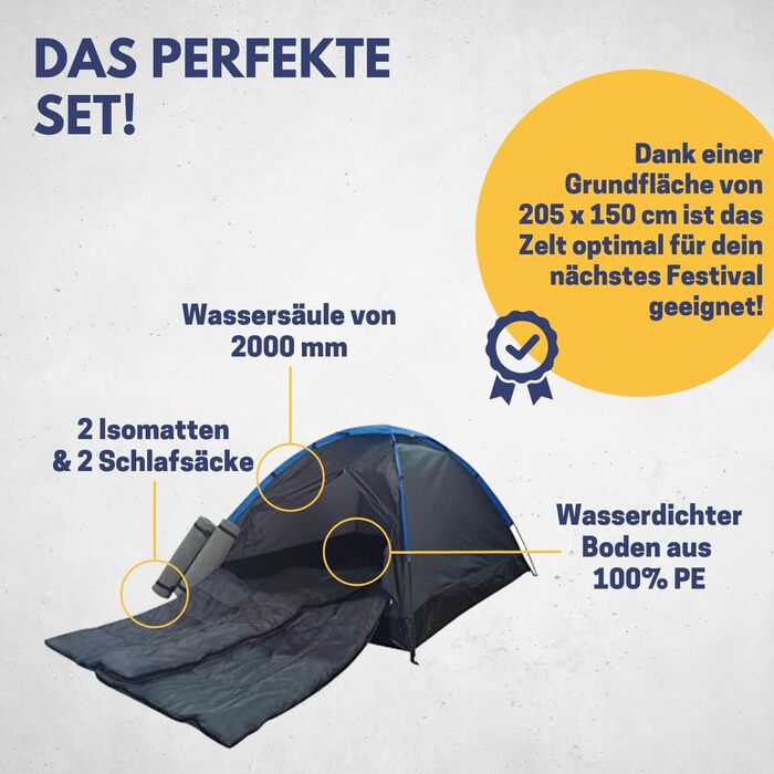 Найкращий спортивний 2-місний набір наметів фестивалю з 2 спальними килимками та 2 спальними мішками I Кемпінговий намет Igloo для 2 осіб 200 x 150 x 105 см I 2-місний намет водонепроникний для кемпінгу Пригоди I Намети