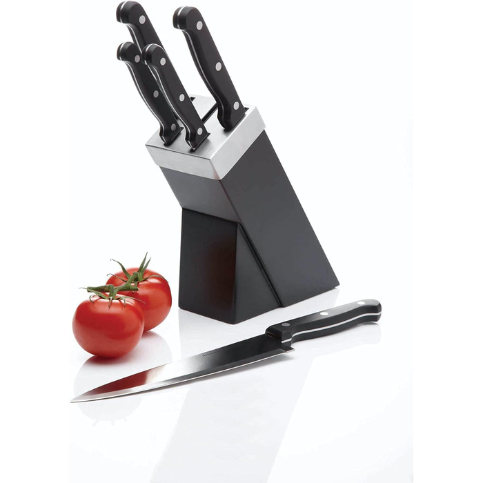 Набір ножів KitchenCraft з підставкою (5 шт.) з нержавіючої сталі, з нержавіючої сталі, з приглушеними ручками, миється в посудомийній машині, срібно-чорний, 15 x 8 x 29,5 см