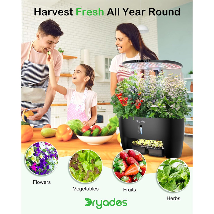 Гідропонна система вирощування: 8 горщиків, 24W LED лампа повного спектру з сигналом про нестачу води | Внутрішній сад для кухні, вітальні, школи | Подарунок для любителів садівництва (16 горщиків - Чорний)