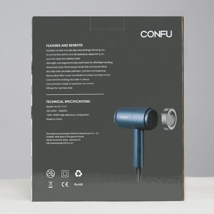 Фен для волосся CONFU, фен Ion Hair Dryer 1800 Вт з насадками для укладання та дифузором, 3 температурні режими, потужний салонний фен для швидкого сушіння (синій)