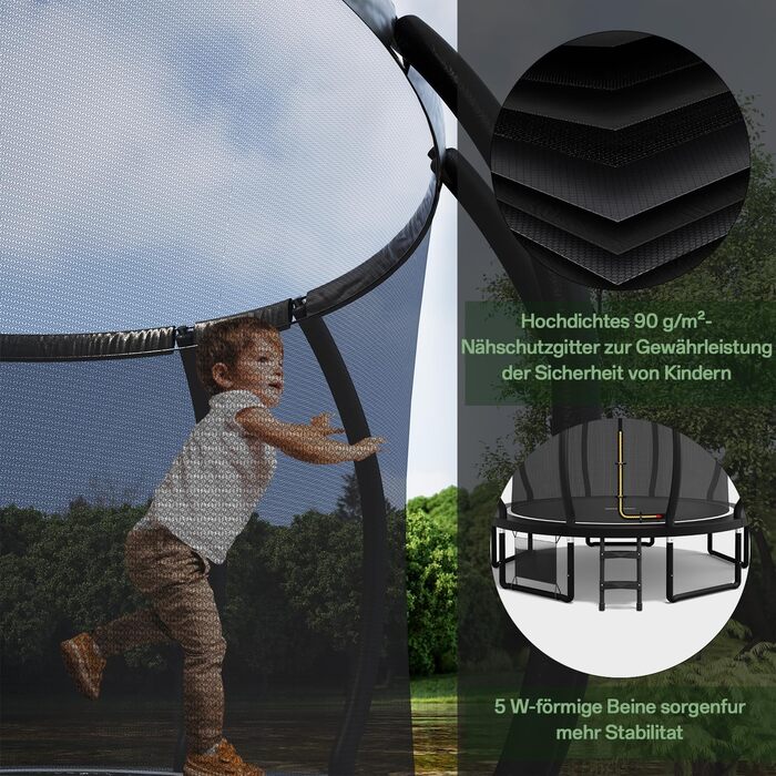 Батут садовий Flamaker Ø366см з захисною сіткою, сталевий каркас, до 150кг, для дітей та дорослих, чорний