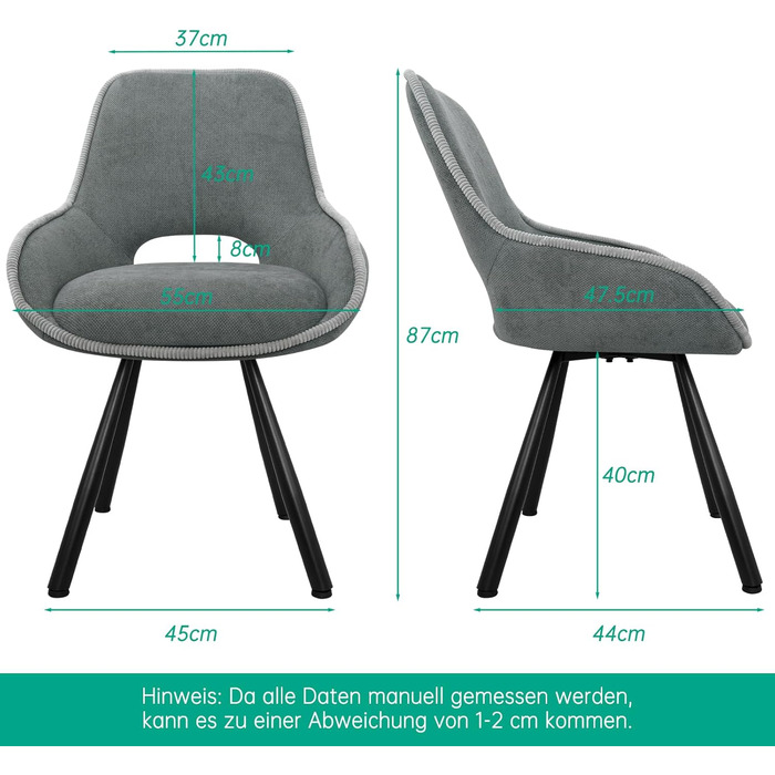 Обертові кухонні стільці для їдальні 6 шт. з низькими підлокітниками, поворот 180°, автоматичне вирівнювання, стільці для кухні та їдальні, сірий колір (2 шт. в наборі)