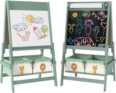 Дитяча мольберт AIYAPLAY 3-в-1: двосторонній, чорно-білий, з рулоном паперу та 2 кошиками для зберігання, для дітей 3-8 років, зелений
