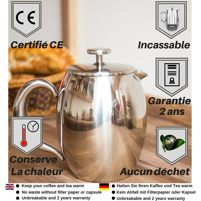 Кавоварка для приготування кави VeoHome French Press кавник небиткий, завдяки подвійному корпусу він зберігає тепло вашої кави протягом тривалого часу (1 літр) (0,75 л)