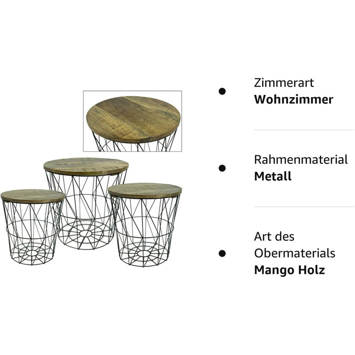 Набір з 3 металевих кошиків Бічний столик чорний - Сучасний металевий і дерев'яний стіл для вітальні - Дротяний кошик з кришкою - Круглий кошик для зберігання Журнальний столик у 3 розмірах - Стіл для вітальні (Кошик для журнального столу на 3 місця, чорн