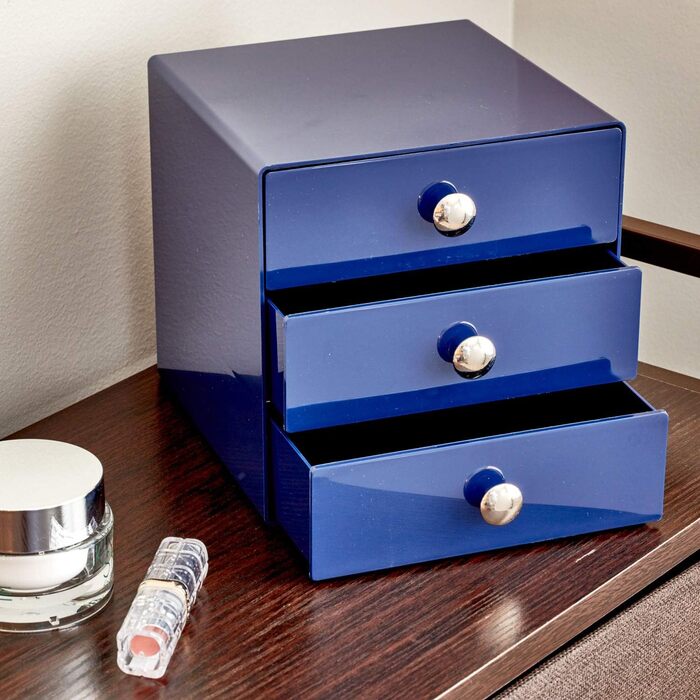 Органайзер для макіяжу iDesign Drawers Високоякісна коробка для зберігання косметики, косметики та Ко Ящик з 3 висувними ящиками Пластик темно-синього кольору