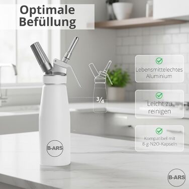 Кухонний сифон B-ARS з алюмінію, 500 мл, білий – аксесуар для холодних мусів та десертів, без системи тиску, з нержавіючою сталевою насадкою, придатний для миття в посудомийній машині