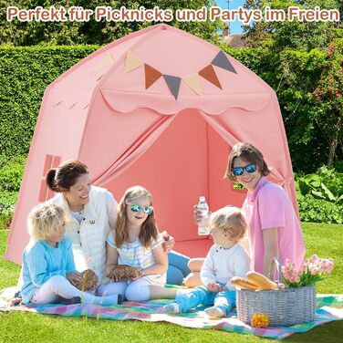 Дитячий ігровий будиночок COSTWAY, намет для дітей з прапорцями та гірляндою, намет принцеси, великий намет у дитячу кімнату для хлопчиків та дівчаток від 3 років, 157 x 98 x 148 см (Рожевий)