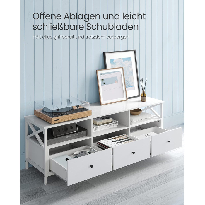 Тумба під телевізор VASAGLE, 120 см, з 2 шухлядами та відкритими полицями, для телевізора до 55 дюймів, сталевий каркас, вінтажний колір, LTV300B01