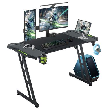 Ігровий стіл Kidsgigglz з LED-підсвічуванням 120x60 см - ергономічний комп'ютерний стіл з тримачем для напоїв та гачком для навушників. Підходить для дому, офісу та як кутовий стіл.