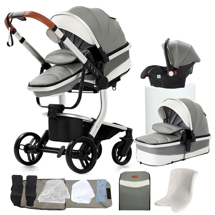 Дитяча коляска NADDLILY 3 в 1 з PU-шкіри, Buggy з регульованим сидінням, обертання на 360°, комбінована коляска, складна та портативна, комплект з пеленатором (906 Brown), сірий (B518)