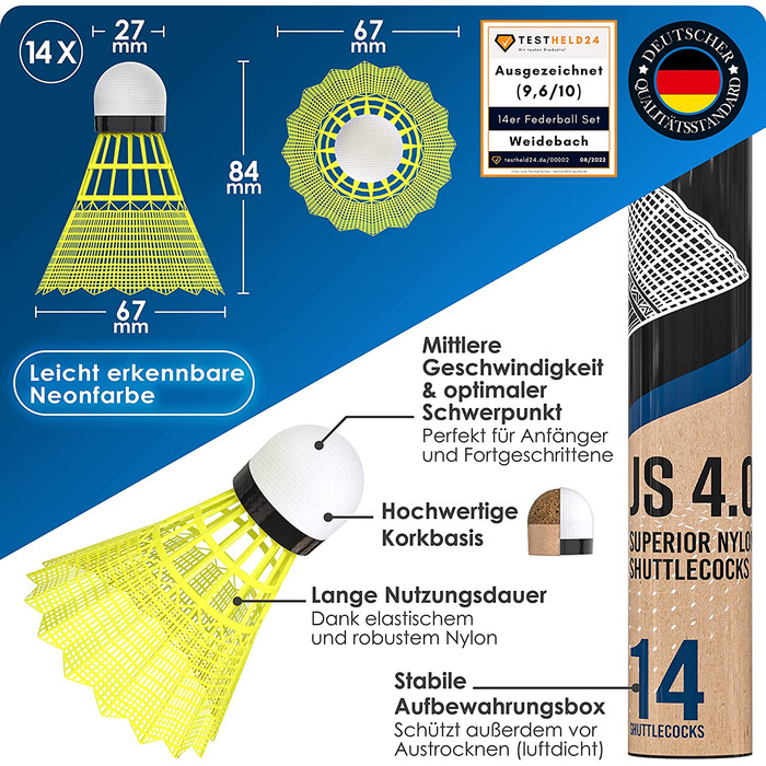 Набір воланів Weidebach з 14 предметів плюс електронна книга для тренувань, Жовті м'ячі для бадмінтону, міцні волани, волани для початківців і просунутих гравців, волани для бадмінтону, м'яч для бадмінтону, м'ячі для бадмінтону 14 шт.
