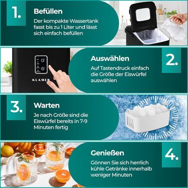 Льодогенератор KLAMER 24 кг/добу, 3 розміри кубиків льоду, 2.2л резервуар, 130W, тихий, чорний