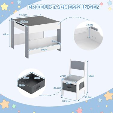 Детский стол со стульями COSTWAY 3 в 1: деревянный стол для рисования с ящиком и 2 стульями, для детей от 3 лет (Серый, Комбинированный)
