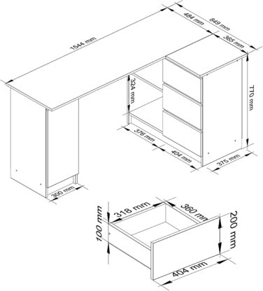 Кутовий письмовий стіл B-20 з 3 висувними ящиками, 2 полицями та відділенням для полиць з дверцятами Кутовий стіл Кутовий стіл для домашнього офісу Легке встановлення W155 x H77 x D85, 60 кг Дуб сонома/Дуб сонома білий / Білий