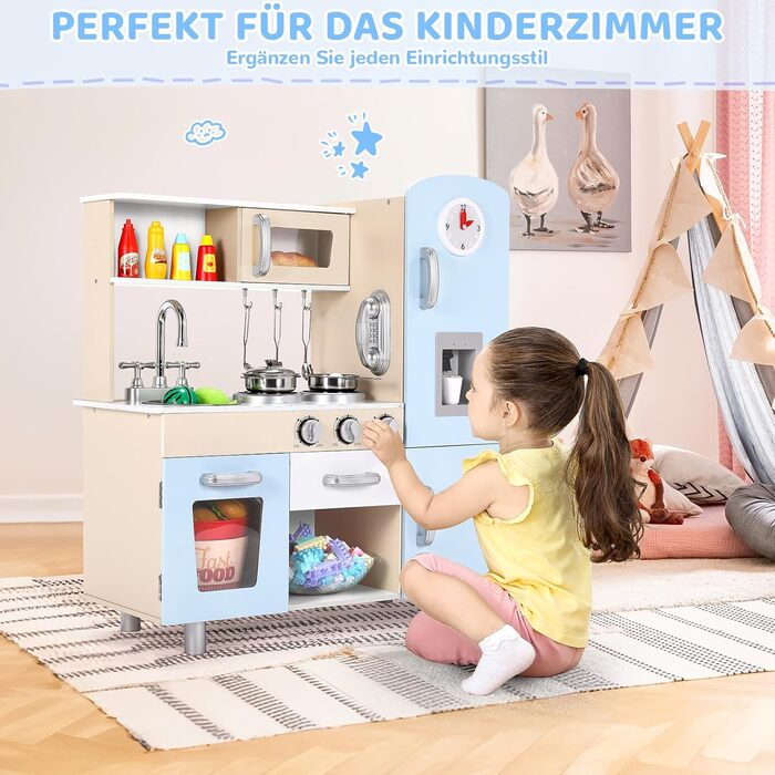 Дерев'яна дитяча кухня Mamizо з аксесуарами, 81x74x30 см, з підсвіткою та звуком, для дітей від 3 років, біло-блакитна