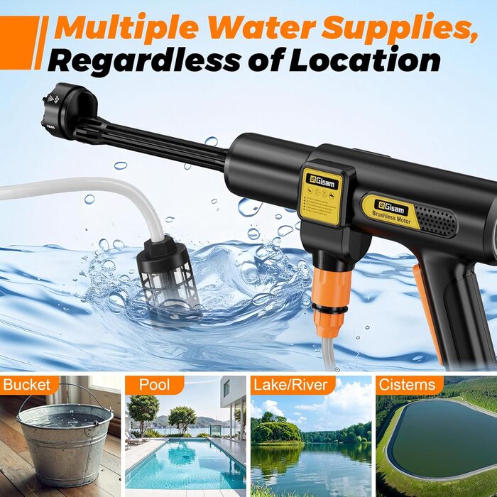 Акумуляторний високонапірний мийник Gisam, 65 Bar, 943 PSI, 2 x 4000mA, з піноплавником, 6-в-1 насадка, поворотна на 180° для авто (Gisam-01)