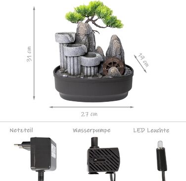 Кімнатний фонтан Lemodo Zimmerbrunnen LED 3-рівневий, з підсвіткою, для дому, офісу, вологостійкий, 27x19x33 см (Водяне колесо)