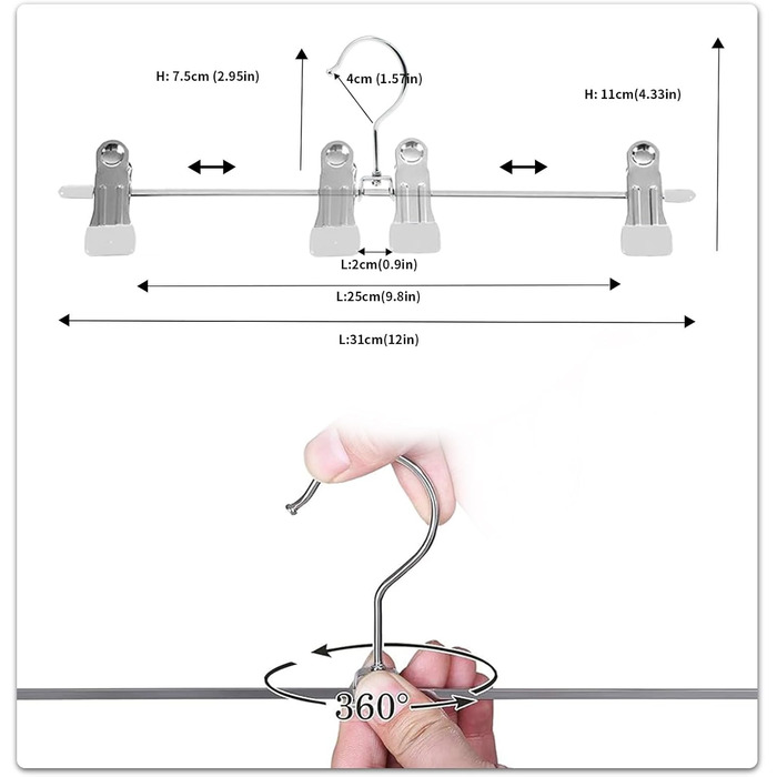 Металева вішалка для брюк, протиковзка, поворотний гачок на 360, 31 см, сріблясто-білий, AIY0420W, 20 шт.