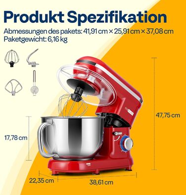 Кухонна машина VIVOHOME 5.7L: потужний міксер з 10 швидкостями, функцією імпульсу та набором насадок (червоний)
