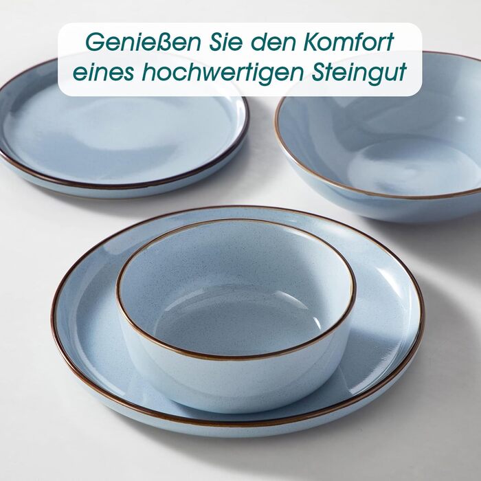 Набір посуду Steingut vancasso LOIRE 24тг. для 6 осіб: тарілки, супові тарілки, десертні тарілки, миски. Сучасний блакитний дизайн, безпечний для мікрохвильовки та посудомийної машини.