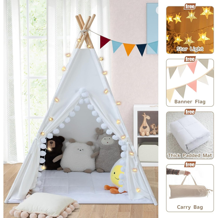 Дитяче намет Tipi з м'якою матрацом, бавовна, канвас. Намет Tipi для дітей з гірляндою зірочок, сумкою, прапорцем (білий)