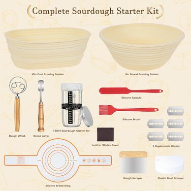 Набір для закваски з 19 частин: 2 гнізда для бродіння з силікону (23см та 25см), скляна тара для закваски, аксесуари для випічки, подарунок для початківців та професіоналів