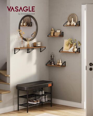 Настінна полиця VASAGLE, 6 шт. у наборі, 30/35/40 см, вінтажний коричневий + матовий чорний, для вітальні, кухні, кабінету, ванної кімнати
