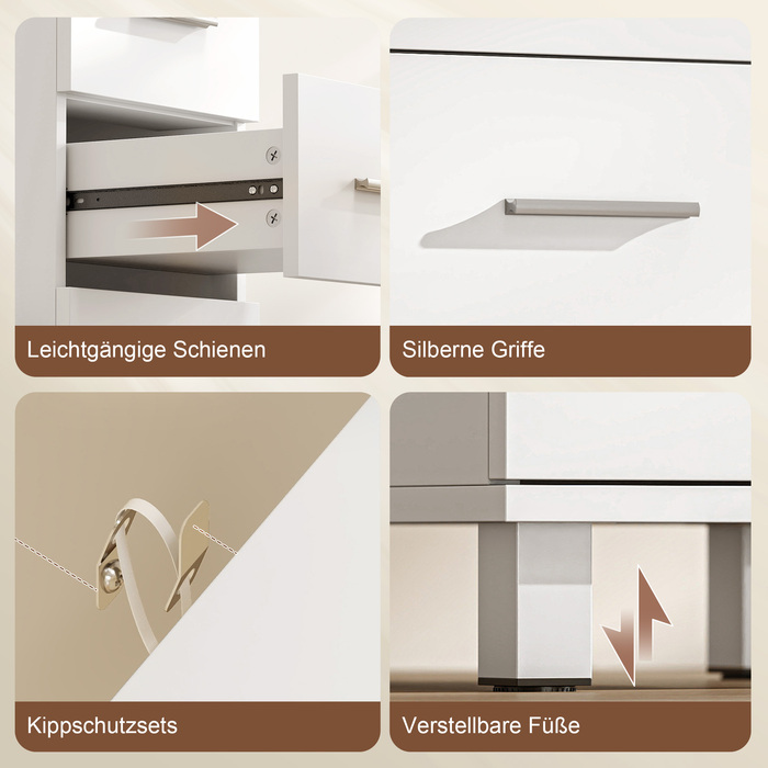 Тумбочка для ванної кімнати: Вузька шафка з 5 висувними ящиками для ванної кімнати, розміром 30 x 30 x 95 см, білого кольору.