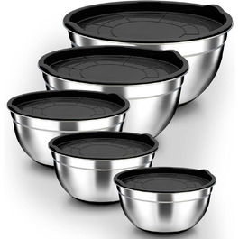 Набір мисок Homikit, 5 шт. з нержавіючої сталі, з кришкою та силіконовим дном, мультифункціональний, для салатів, 6.6L / 3.5L / 2.5L / 1.5L / 1L, чорний