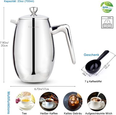 French Press Easyworkz Nando: термо-кавоварка з нержавіючої сталі, 700 мл, подвійні стінки