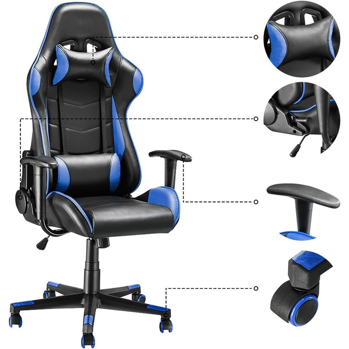 Ігрове крісло Офісне крісло Ергономічне крісло для ПК Комп'ютерне крісло Стілець Стілець (чорний) (синій)