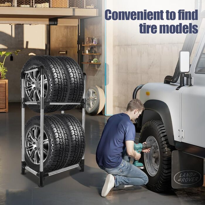 Стійка для шин BAOYOUNI на 4 шини/диски, 2 яруси, сіро-срібна, 57,2 x 37,3 x 114,6 см