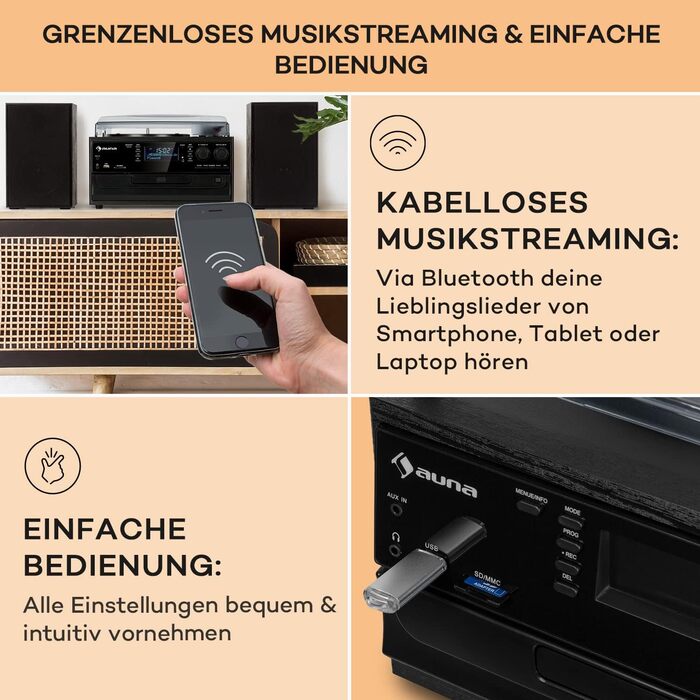 Вініловий програвач Auna з Bluetooth, USB, CD, DAB-радіо, динаміками, ретро-дизайн
