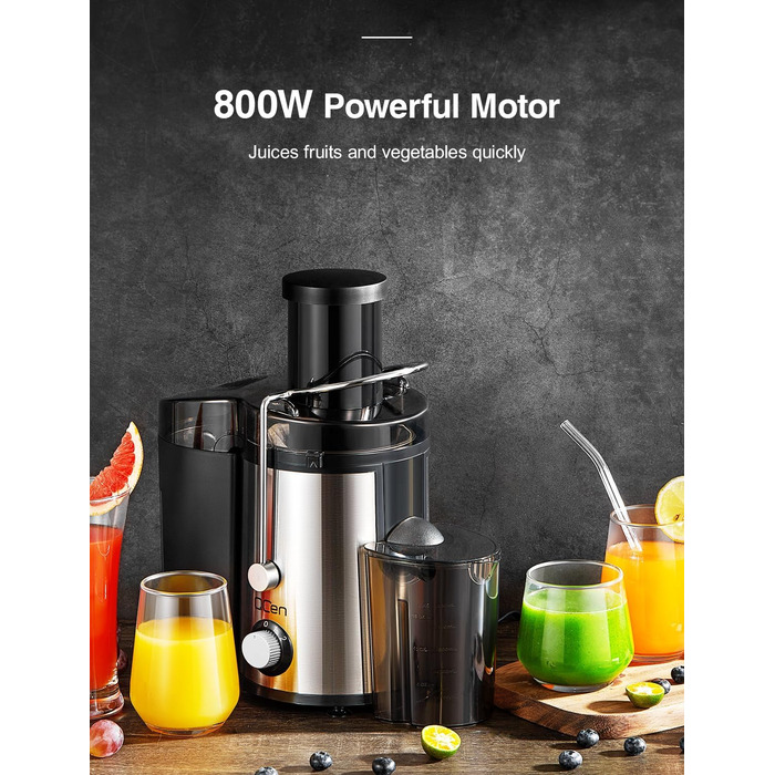Відцентровий соковитискач QCen з широким завантажувальним отвором 8 см, нержавіюча сталь, BPA-free, 800W, для фруктів та овочів