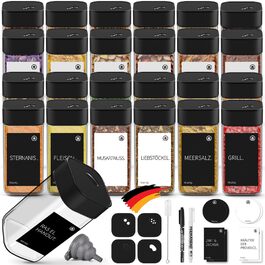 Набір контейнерів для спецій Miorkly - 24 шт. з чорними кришками з нержавіючої сталі, 120 мл, з ситечком, високоякісні, скляний органайзер з воронкою, етикетками та ручкою