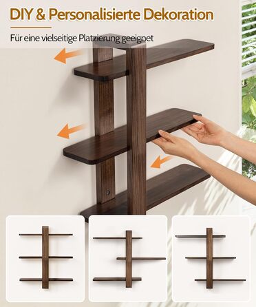 Полиця настінна SUMGAR з дерева, плаваючі полиці, 3-ярусна, декоративна, для вітальні, спальні, колір горіх, 50x58 см