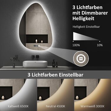 Дзеркало для ванної кімнати з підсвічуванням та годинником 50x70 см, LED, сенсорне керування, 3 кольори світла, диммування, 2470LM, стиль Jy01