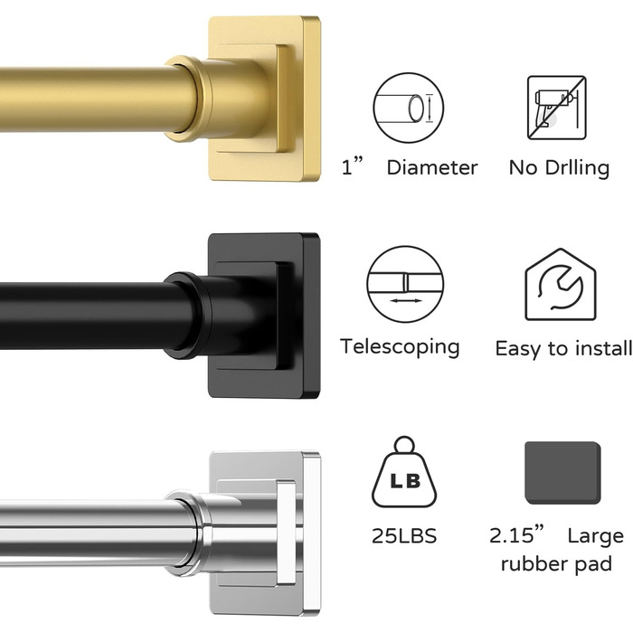 Штанга для душу ENE, 79-200 см, нековзна, натяжна фіксація без свердління, регульована, з нержавіючої сталі