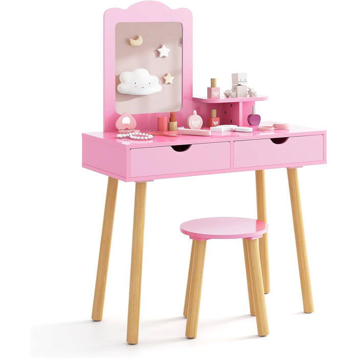 Детский туалетный столик Dreamade с табуретом и съемным зеркалом, принцесс-стиль, с ящиком, из дерева, для девочек (белый/розовый)