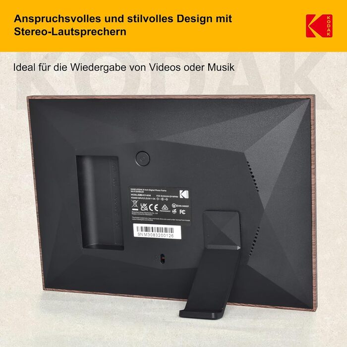 Цифровий фоторамка Kodak WiFi, 8 дюймів, IPS сенсорний екран, 32GB, автоматичне обертання, коричневе дерево