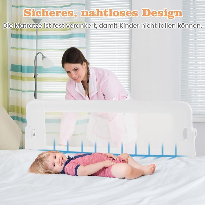 Бортик для ліжка COSTWAY складаний, захисний бар'єр для ліжка з регульованими ременями, швидке складання в один клік, захист від випадання для батьківських та дитячих ліжок (Сірий, 120x42 см)