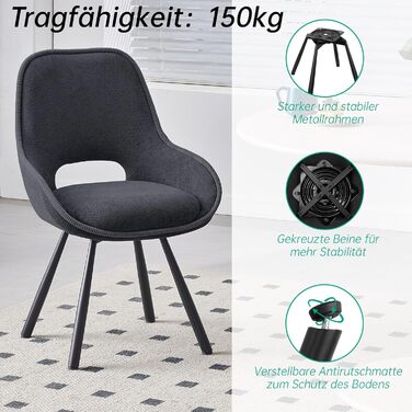 Набір з 6 обертових кухонних стільців, чорного кольору, з низькими підлокітниками, 180° оберт, автоматичне вирівнювання