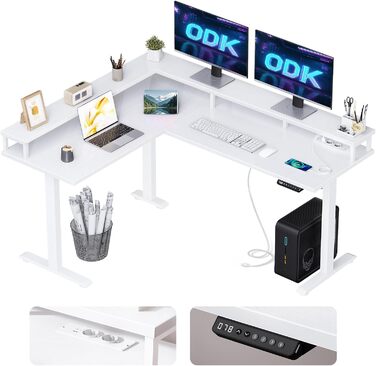 Кутовий стіл ODK з регулюванням висоти L-подібної форми, 150x120см, з USB та розетками, функцією пам'яті