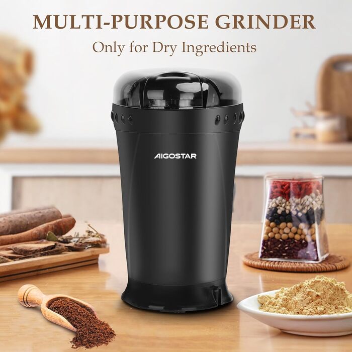 Кавомолка електрична Aigostar для кави, спецій та горіхів, нержавіюча сталь, 60г, 200 Вт, чорна (2 шт)