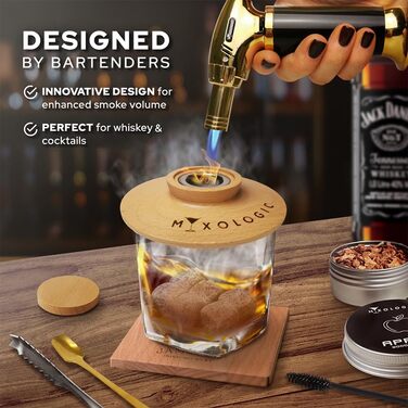 Комплект для копчення коктейлів MIXOLOGIC: набір для віскі, 6 дерев'яних чіпсів, камені для віскі та аксесуари для Old Fashioned